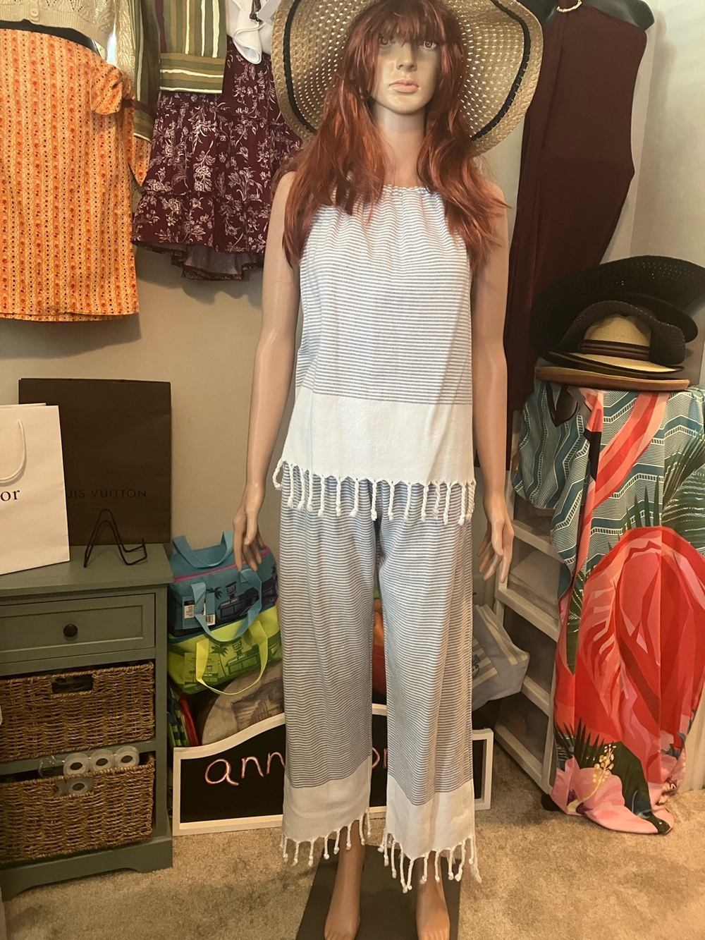 Striped Fringe-Hem Sleeveless 2 piece beach pant set